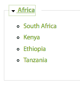 A link "Africa" expanded to show a list of additional links: South Africa, Kenya, Ethiopia, Tanzania.