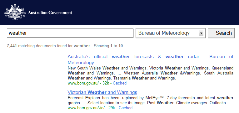 Incorrect example of FRM_A13. Australian Government website. Search results for "weather" appear below the search bar.