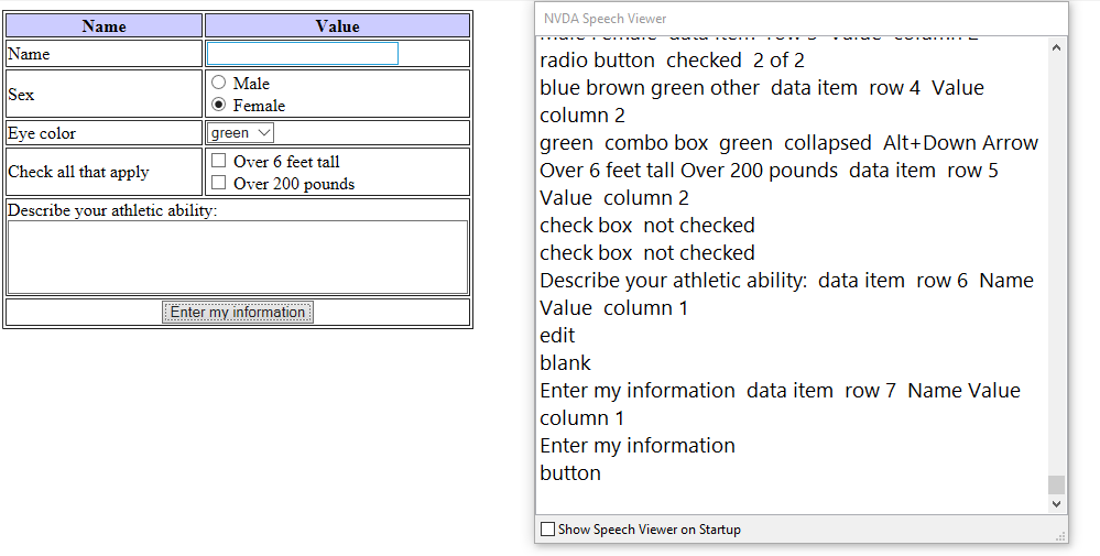 A form requesting personal information and the associated NVDA speech viewer output that fails to describe some elements correctly