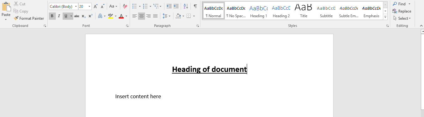 Document heading is in bold font but assigned normal style