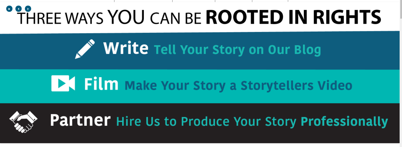  Current slide in the slideshow is by an organization named 'Rooted in Rights' asking people to share their stories