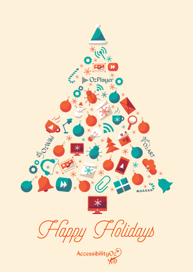 A Christmas tree made from tech- and holiday-related graphics. Happy Holidays from AccessibilityOz.