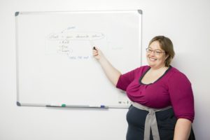 Gian pointing at a whiteboard