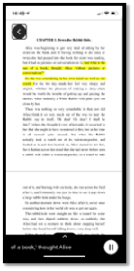 Screenshot of a page from a novel as a PDF. The lines currently being read aloud are highlighted yellow. Is back arrow button in the upper left-hand corner is receiving focus.