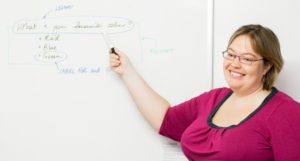 Gian pointing at a whiteboard