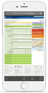 Bureau of Meteorlogy web site on mobile device - same content just squished