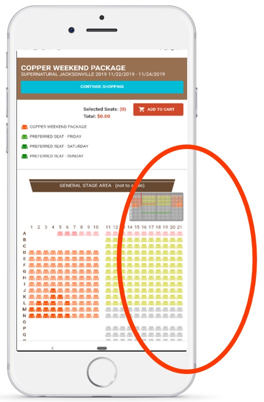 Screenshot on mobile of arena seating - the right-hand section is cut off, indicating that users can swipe from right to left to access more seats