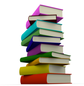 A stack of brightly coloured hardcover books