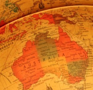 An old-style, sepia globe focussed on Australia
